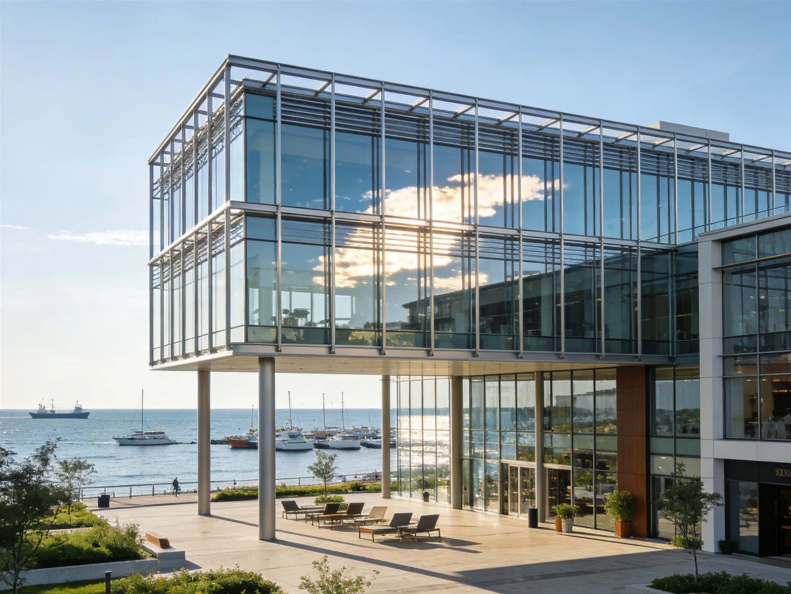 Coastal residential building with installed impact windows protecting against hurricane damage Coastal residential building with installed impact windows protecting against hurricane damage